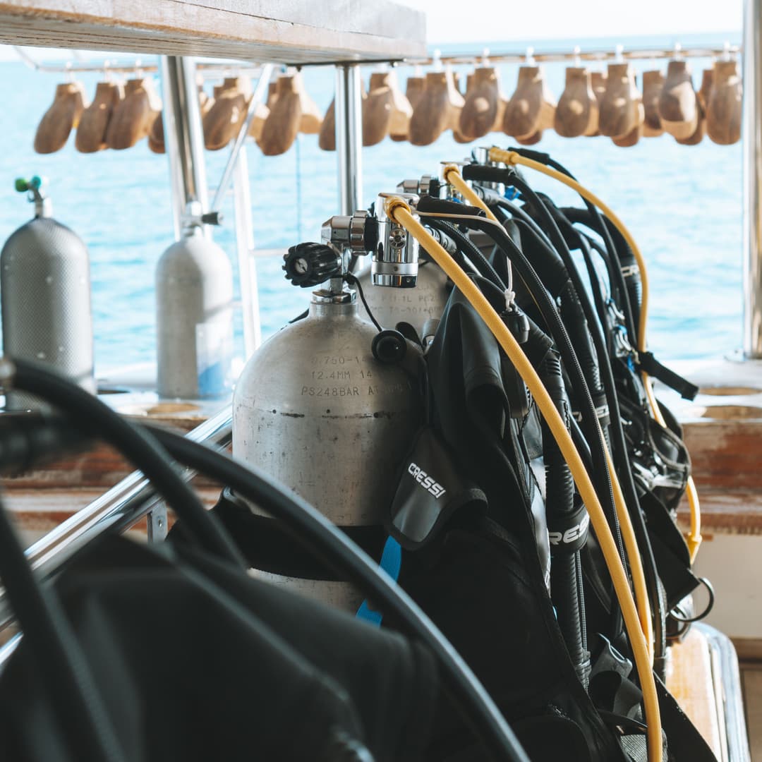 Scuba diving tanks and gear on a boat with flippers drying in the background.