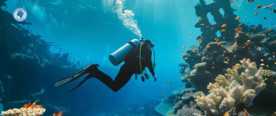 A scuba diver swims underwater near a colorful coral reef with many small fish.